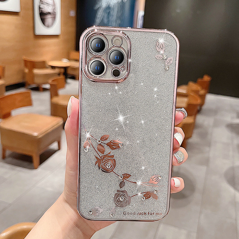 Electroplating TPU Phone Case For iPhone 14 Pro Max Rhinestone Decor Flower Pattern Decor Glitter Powder Protective Mobile Phone Cover Electroplating TPU Phone Case For iPhone 14 Pro Max Rhinestone Decor Flower Pattern Decor Glitter Powder Protective Mobile Phone Cover
